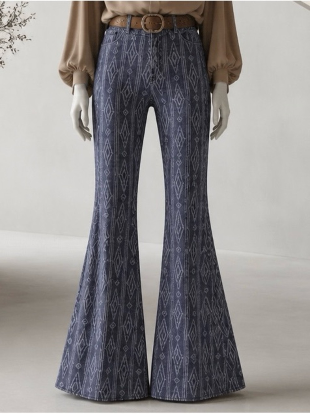 High-Rise Blue Patterned Flare Jeans - Women's Wide Leg